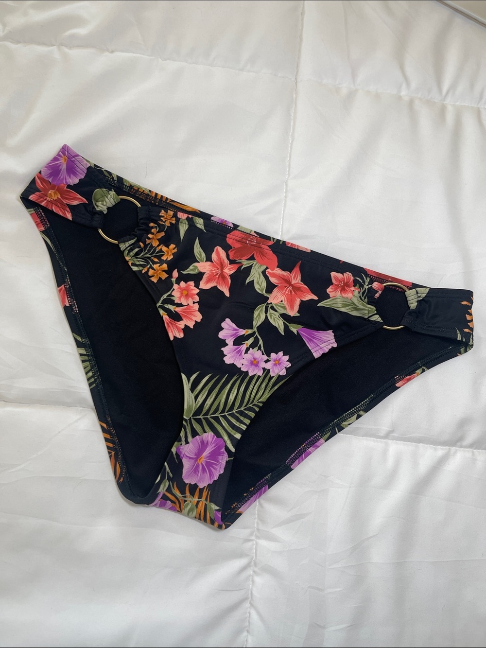 Kids Floral Bikini Bottoms with Ring Detail - Black